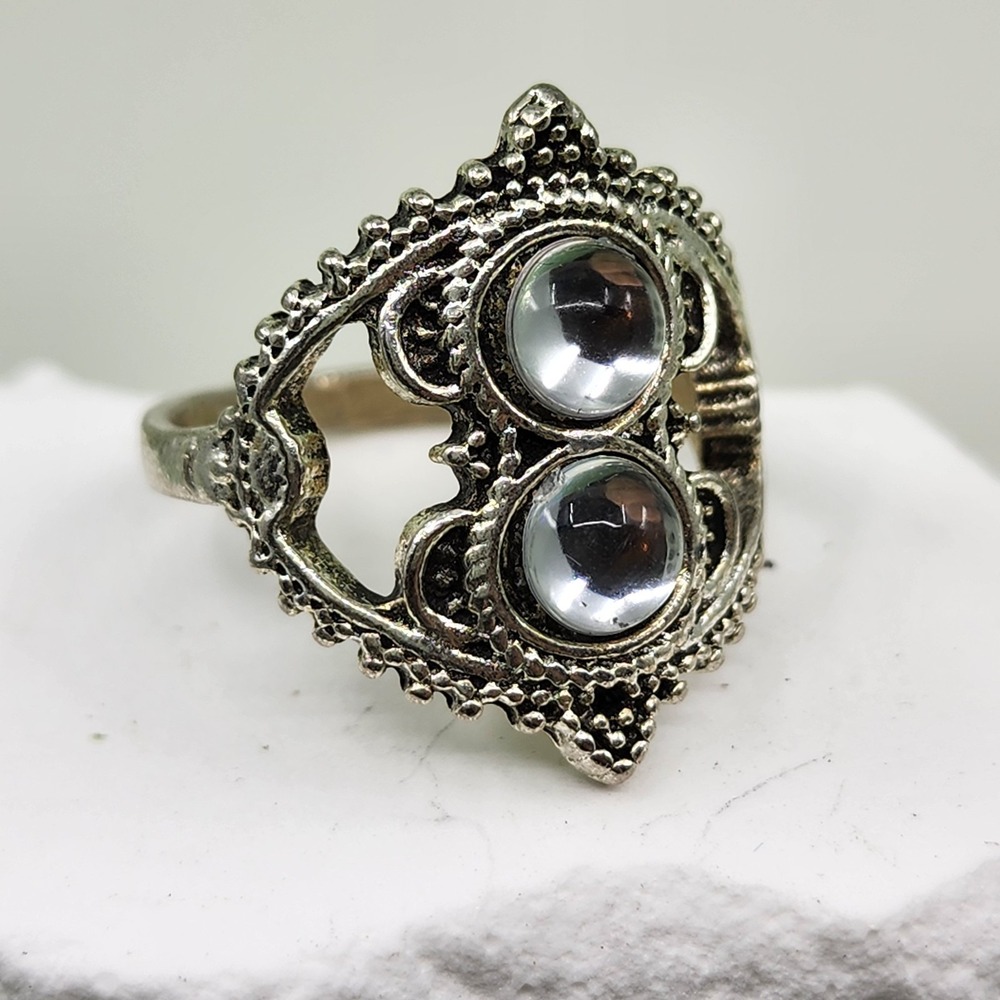 Clear Glass Cabochon Double Stone Ornate Filigree Silver Tone Statement Ring